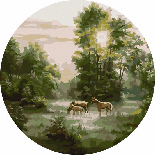Круглая картина по номерам Лошади в лесу