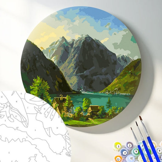Круглая картина по номерам Озерный пейзаж