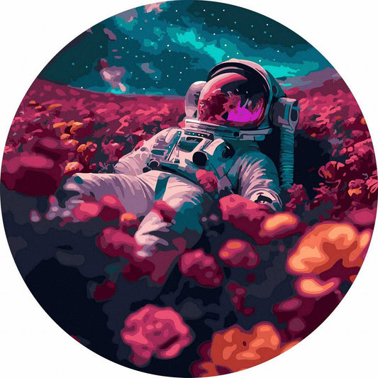 Круглая картина по номерам Астронавт в поле цветов