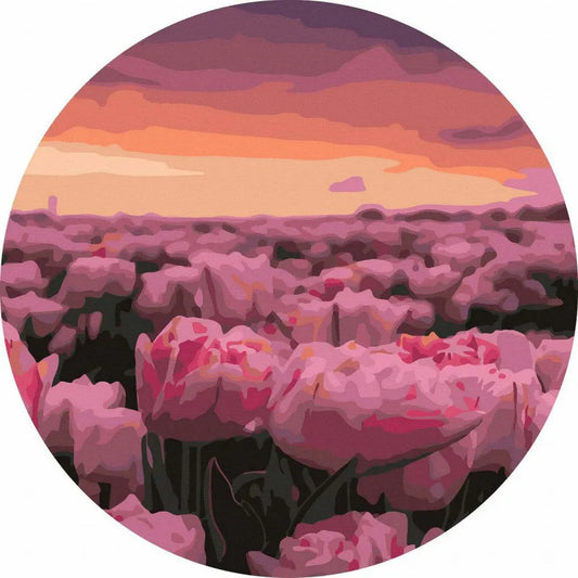 Круглая картина по номерам Поле розовых тюльпанов