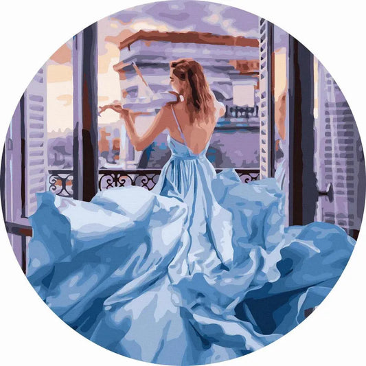 Круглая картина по номерам Девушка в синем платье