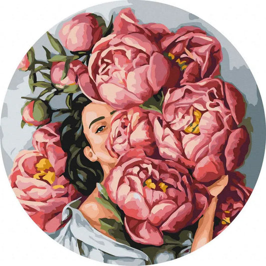 Круглая картина по номерам Девушка в пионах
