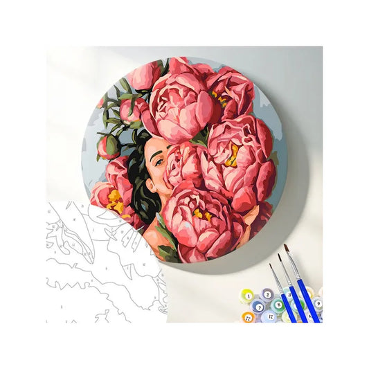 Круглая картина по номерам Девушка в пионах