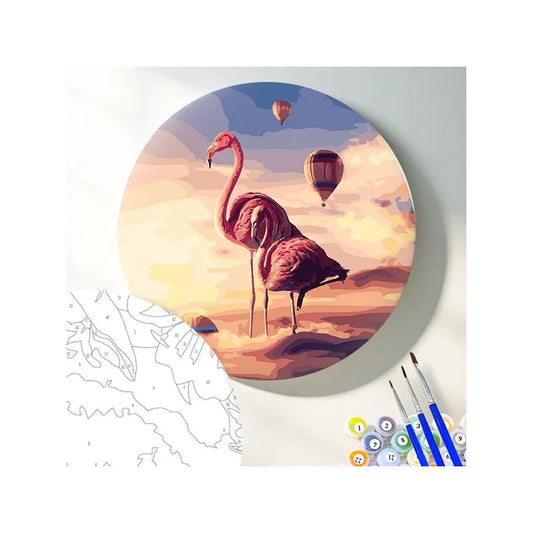 Круглая картина по номерам Фламинго в горах