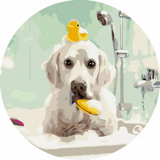 Круглая картина по номерам Собака в ванной