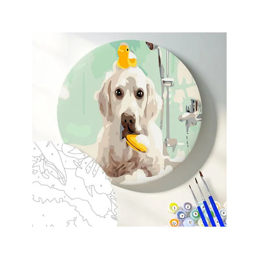 Круглая картина по номерам Собака в ванной