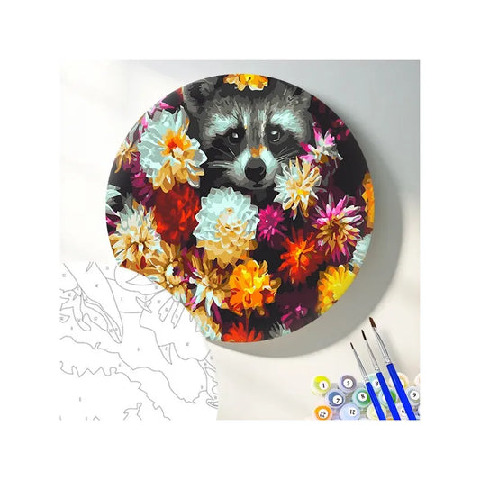Круглая картина по номерам Енот в цветах