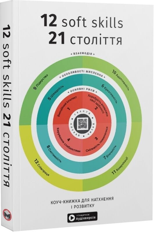 М'яка обкладинка книги "12 soft skills 21 століття" від Sovabooks з аудіокнижкою, психологічне саморозвиття та натхнення.