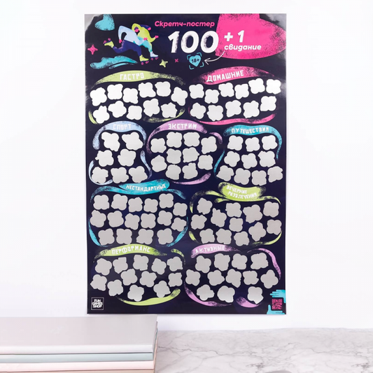 Скретч постер "100+1 свидание" от SOVABOOKS для пар, настольная игра для романтических свиданий и развлечений.