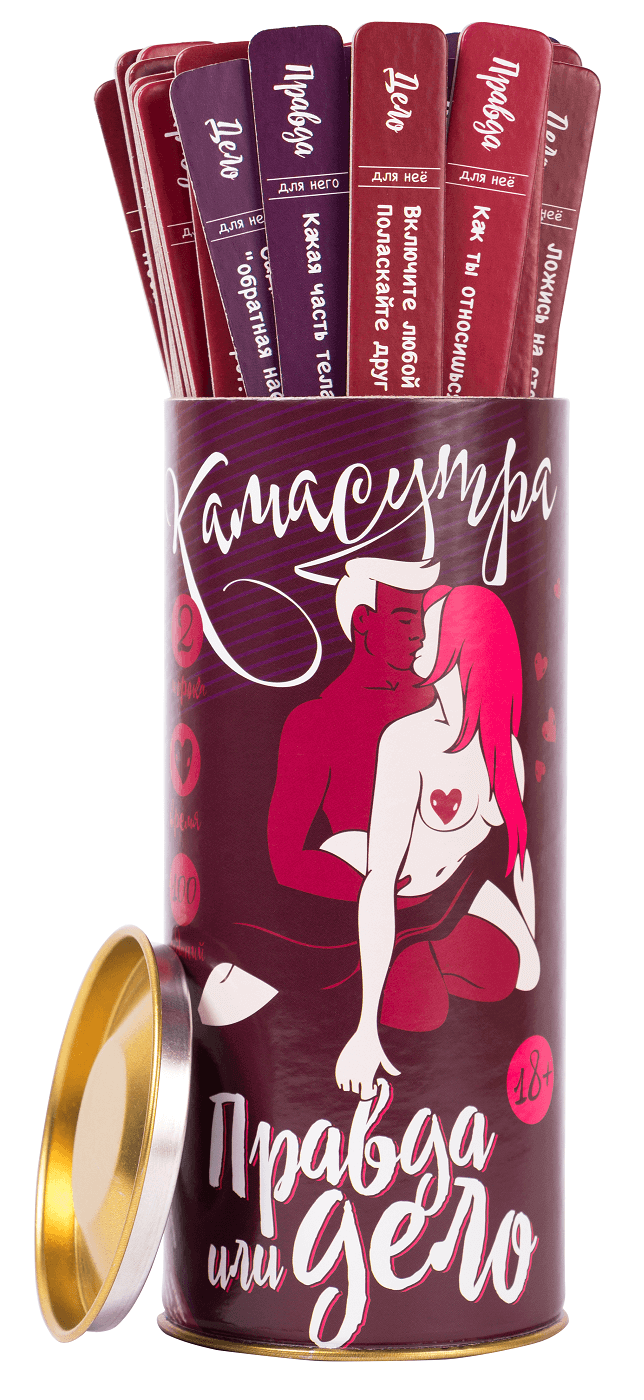 Настольная игра Правда или Дело Камасутра +18 от SOVABOOKS для взрослых и пар, изображение коробки и карточек.