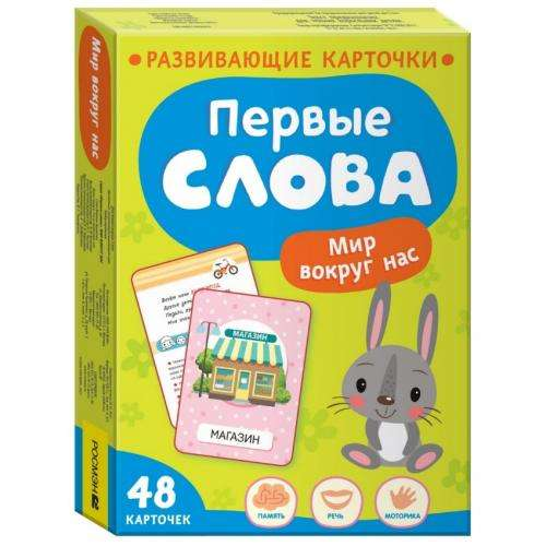 Развивающие карточки Sovabooks "Первые слова. Мир вокруг нас", 48 штук, для детей, изображены картинки и слова.