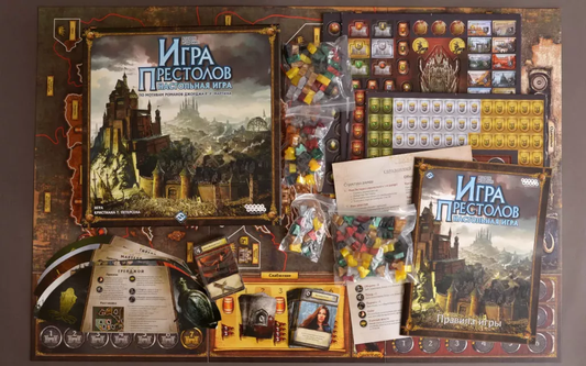 Настольная игра "Игра Престолов" для взрослых и пар от SOVABOOKS, изображение коробки и игровых компонентов.