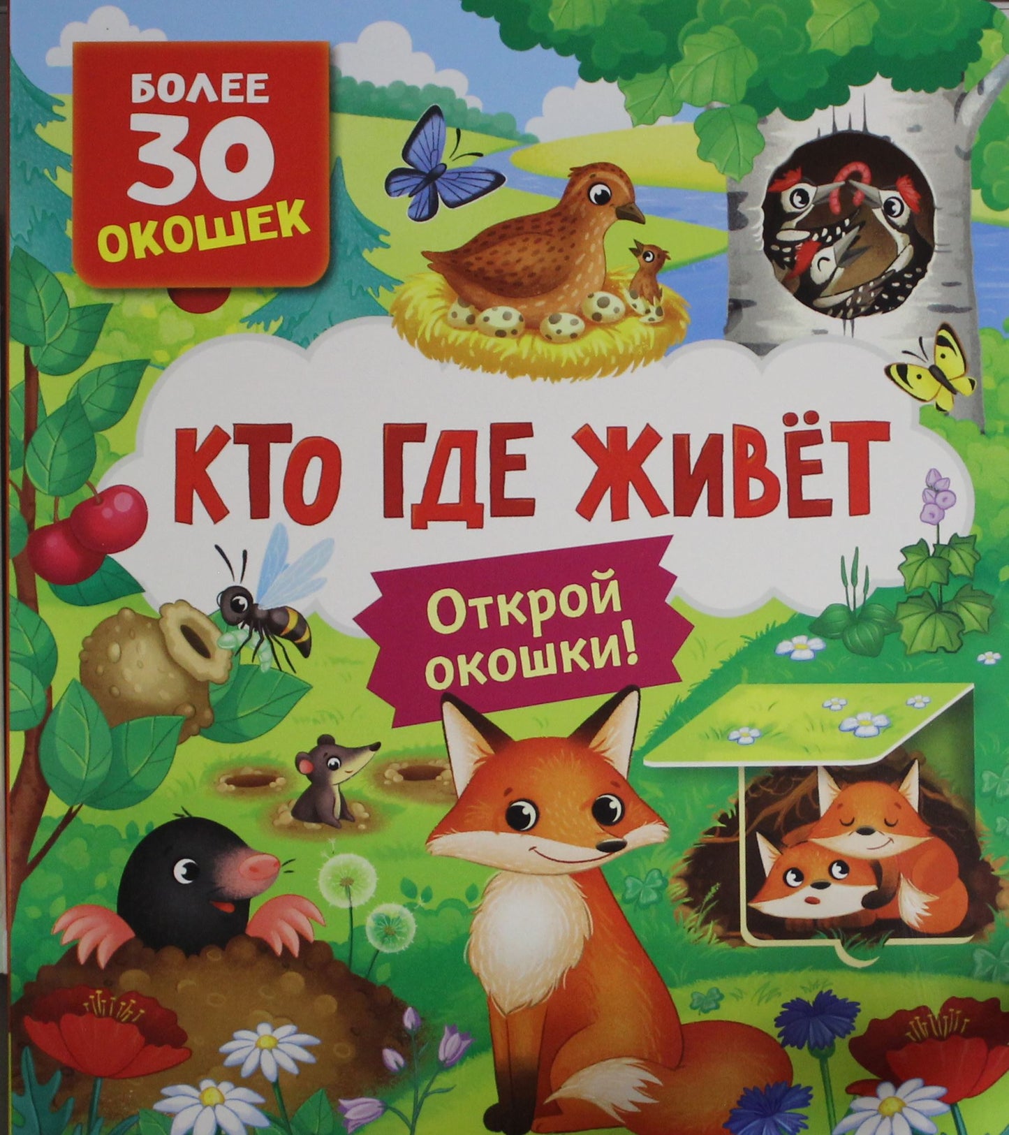 Детская книга с окошками "Кто где живет" Sovabooks, яркая обложка и иллюстрации о животных и местах обитания.