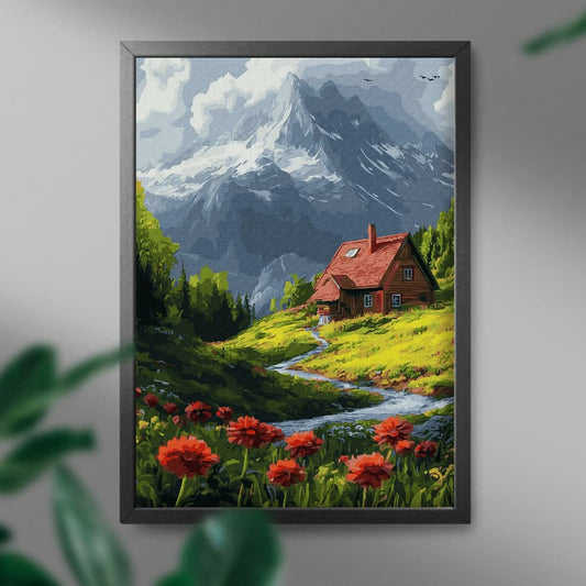 Карта по номерам «Дом посреди луга» от Sovabooks, изображение уютного дома на цветущем лугу, игровая доска для творчества.