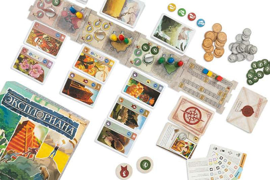 Настольная игра Эксплориана от Sovabooks, семейная настольная игра для всей семьи, изображение коробки и компонентов