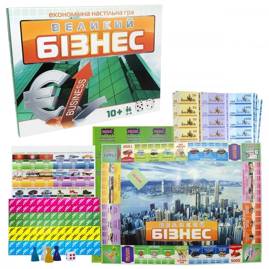 Настольная игра Великий Бізнес от SOVABOOKS для вечеринок, изображение коробки с ярким дизайном и игровыми элементами.