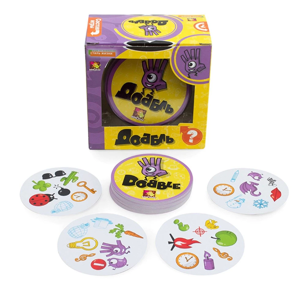 Настольная игра Dobble от SOVABOOKS с пятью играми для всей семьи, изображена на изображении.