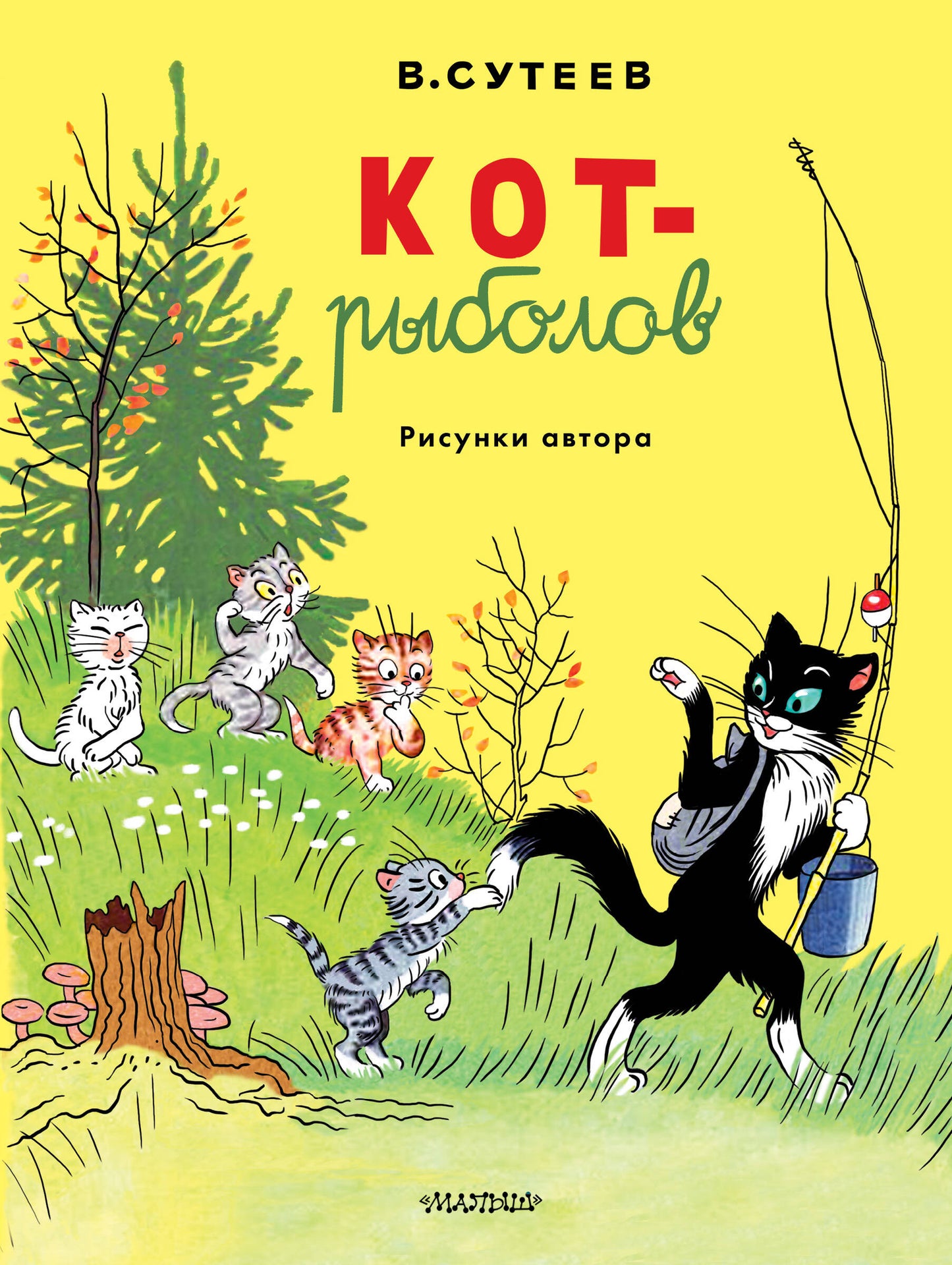 Кот-рыболов из детской книги, рисунки автора, иллюстрация для детского издания, яркое изображение на странице.
