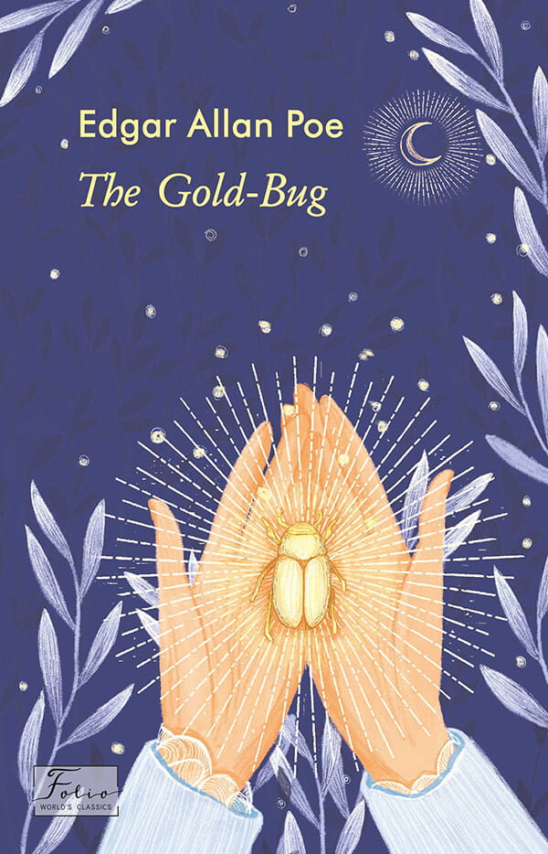 Обложка книги The Gold-Bug адаптированный текст от SOVABOOKS, золотая и черная иллюстрация, классическая типографика