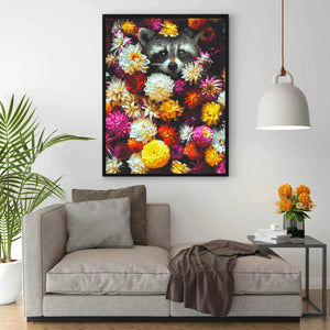 Картина по номерам   Енот в цветах (40х50)