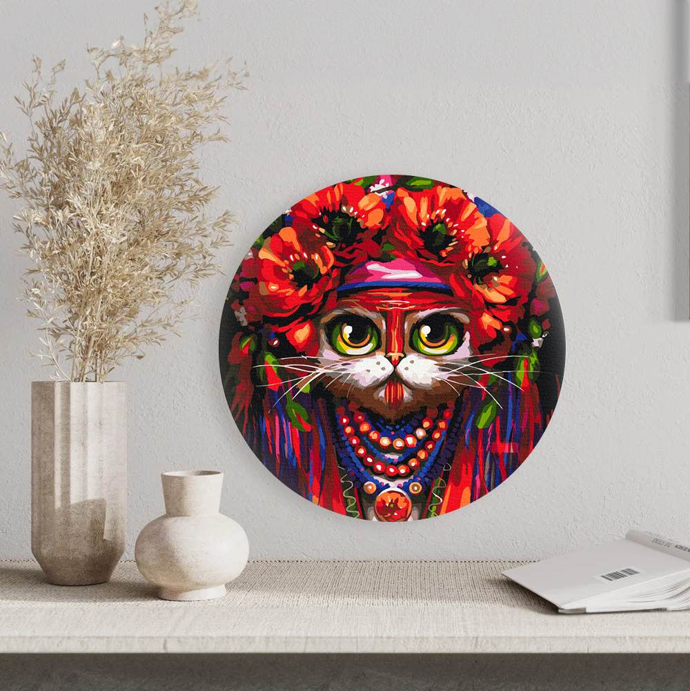 Круглая картина по номерам Кот в венке