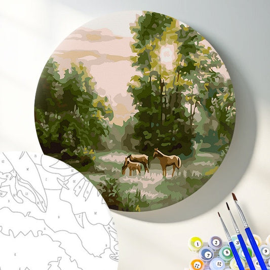 Круглая картина по номерам Лошади в лесу