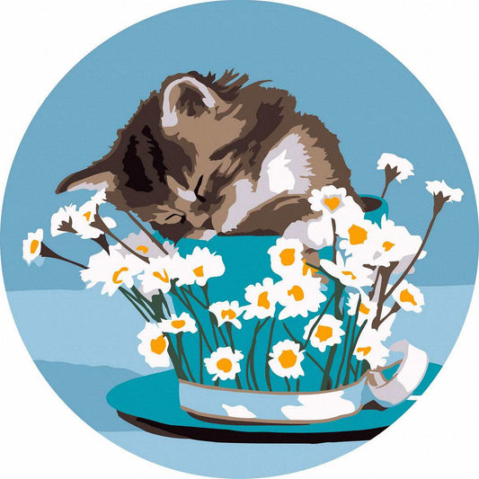 Круглая картина по номерам Котенок и ромашки