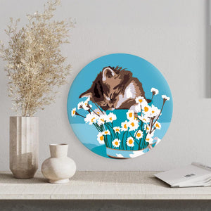 Круглая картина по номерам Котенок и ромашки