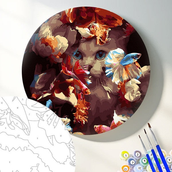 Круглая картина по номерам Кот в рыбе