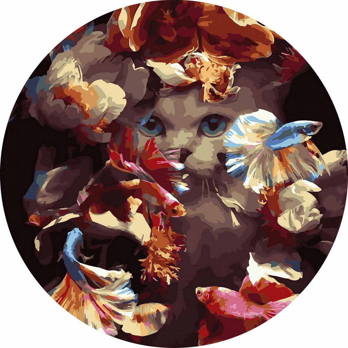 Круглая картина по номерам Кот в рыбе