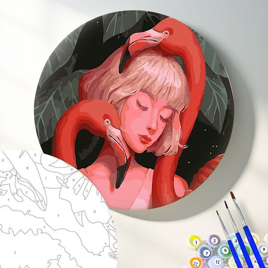 Круглая картина по номерам Фламинго