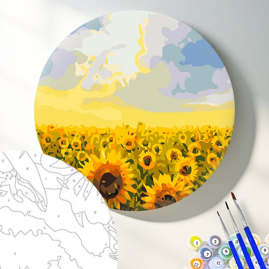 Круглая картина по номерам Поля подсолнечника