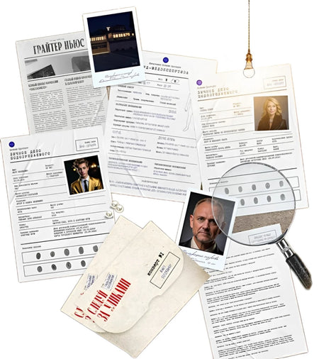 Настольная игра "Следуй за уликами" от Sovabooks для взрослых и пар, изображены игровые компоненты и карта игры.