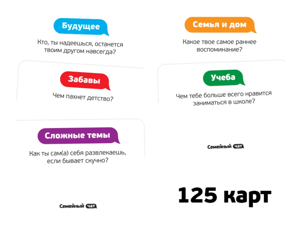 Настольная игра Семейный ЧАТ от Sovabooks, изображение трех коробок с яркой упаковкой и игральными карточками.