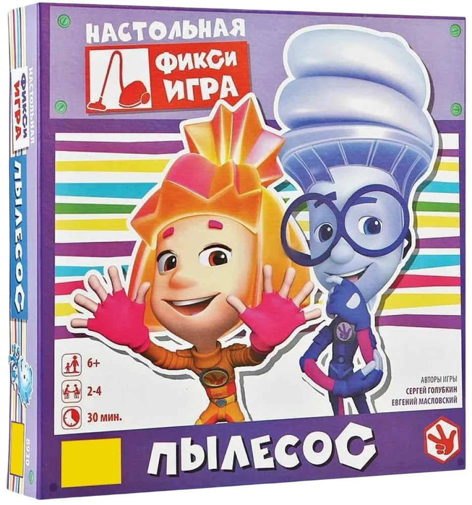 Настольная игра Фиксики Пылесос от Sovabooks, семейная настолка для веселых игр с изображением персонажей и игровой доской.