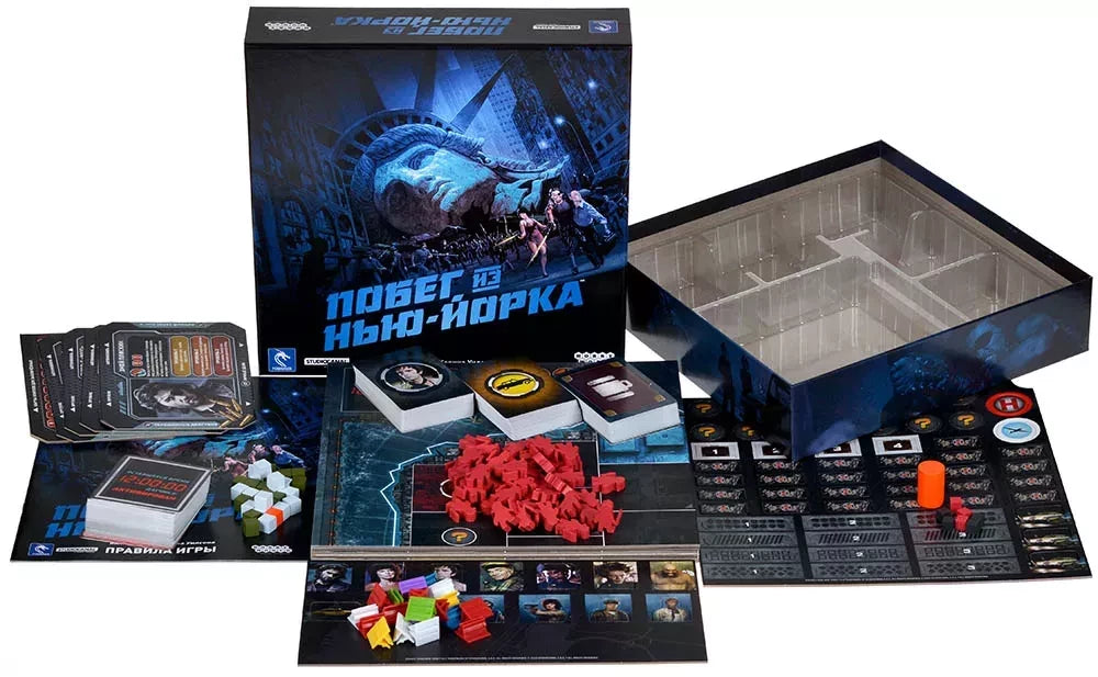 Настольная игра Побег из Нью-Йорка от Sovabooks, стратегическая настолка с игровыми компонентами на изображении.