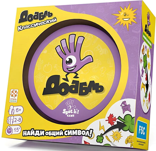 Настольная игра Доббль Эко для семейных игр, изображение коробки с ярким дизайном и игровыми элементами.