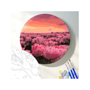 Круглая картина по номерам Поле розовых тюльпанов