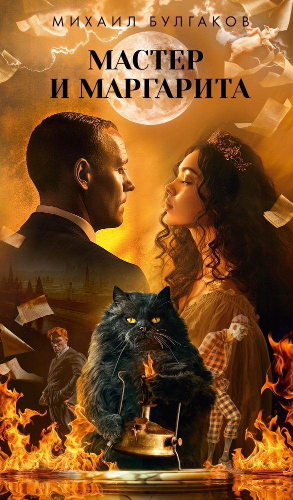 Обложка книги "Мастер и Маргарита" от Sovabooks с изображением на фоне черного и ярких элементов.