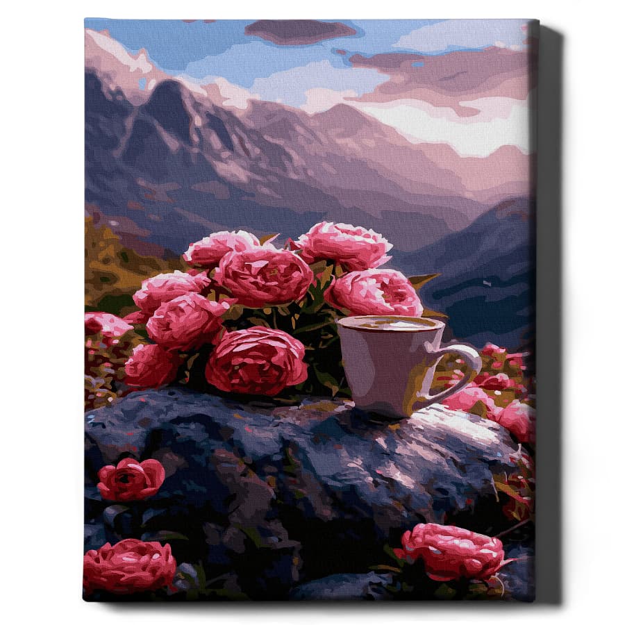 Картина по номерам Кофе и розы от Sovabooks, набор для творчества с изображением кофе и роз, яркая художественная композиция.