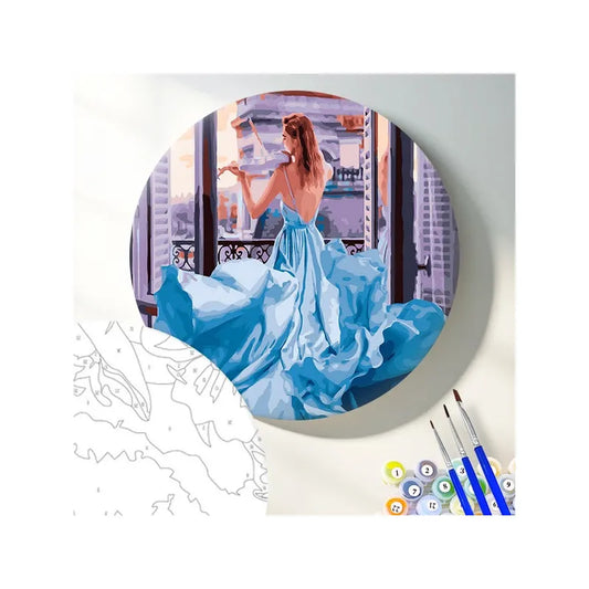 Круглая картина по номерам Девушка в синем платье