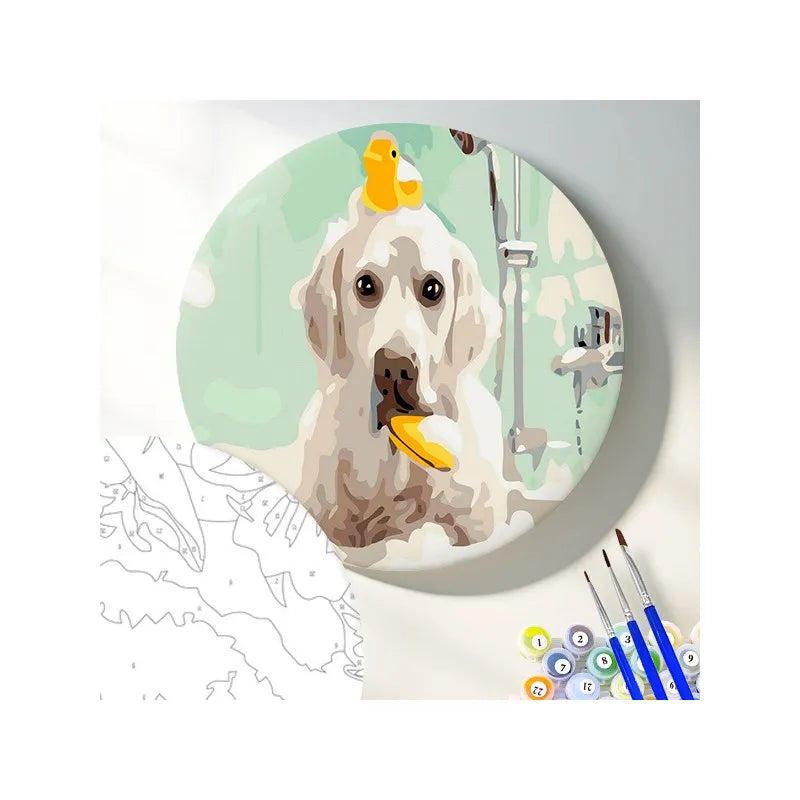 Круглая картина по номерам Собака в ванной