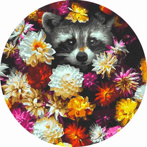 Круглая картина по номерам Енот в цветах