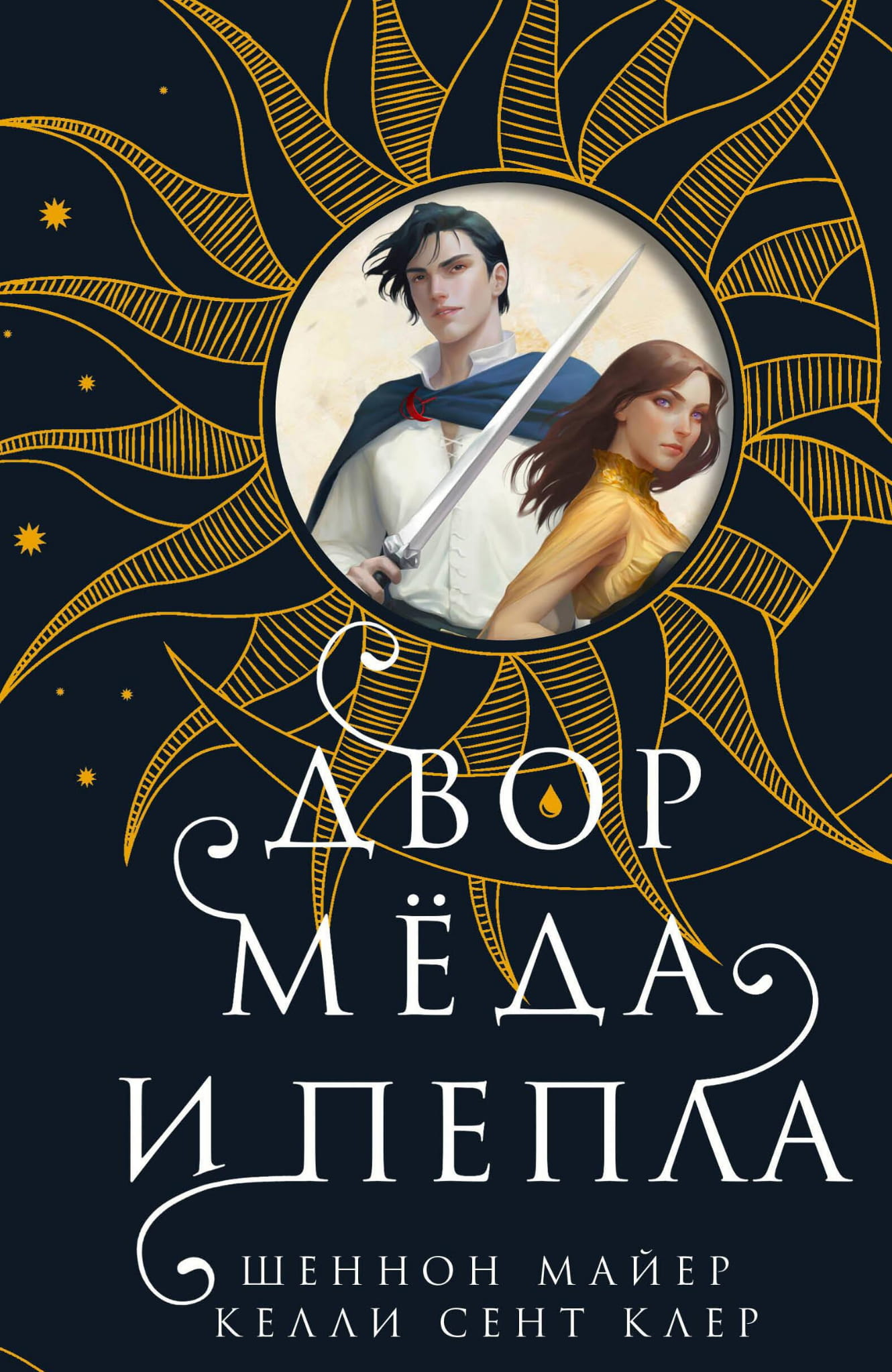 Обложка книги "Двор меда и пепла" от SOVABOOKS, фантастический роман с изображением ледяных и медовых элементов.
