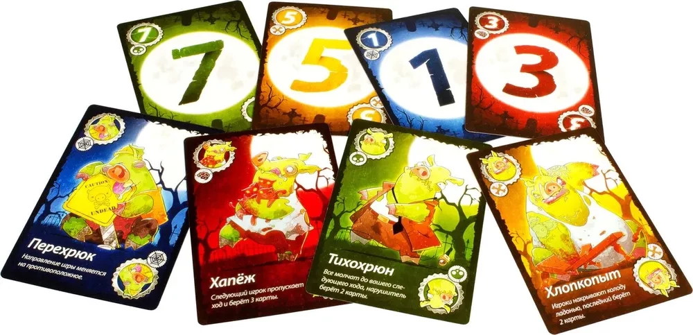 Карточная игра Свинтус: Зомби, 2-е издание, изображение коробки с зомби-иллюстрацией и игровыми элементами