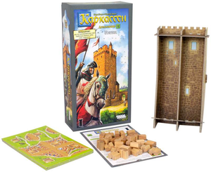 Настольная игра Каркассон. Башня — дополнение для расширения игры, изображена коробка с игрой и башней.