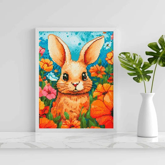 Алмазная мозаика Кролик в цветочках от Sovabooks, 40x30 см, изображение кролика среди цветов.