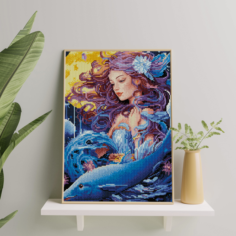 Алмазная мозаика Лунная Сирена от Sovabooks, набор для творчества 40x50 см, яркое изображение морской сирены и луны.