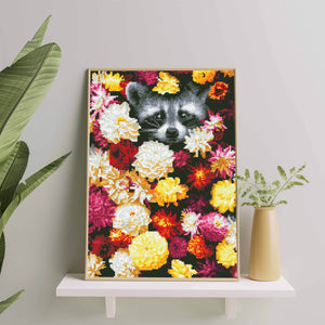 Алмазная мозаика Sovabooks с изображением енота в цветах, размер 40x50 см, для творчества и рукоделия.