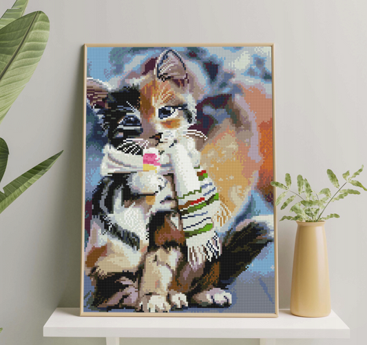 Алмазная мозаика Котик в шарфике от Sovabooks, изображение крупного котика в цветном шарфе, размер 40х50 см.